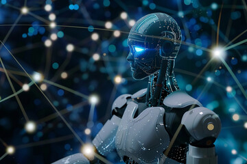 Naklejka premium AI legal advisors accessing global laws via internet on the sky aiding in digital economy regulations 