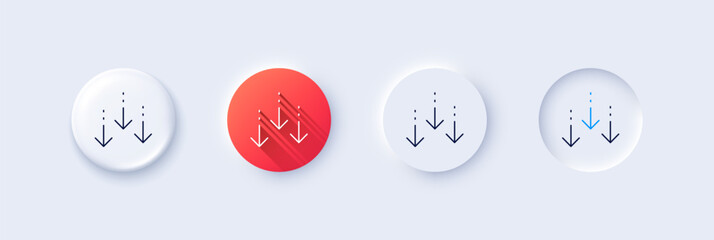 Scroll down arrow line icon. Neumorphic, Red gradient, 3d pin buttons. Scrolling screen sign. Swipe page. Line icons. Neumorphic buttons with outline signs. Vector