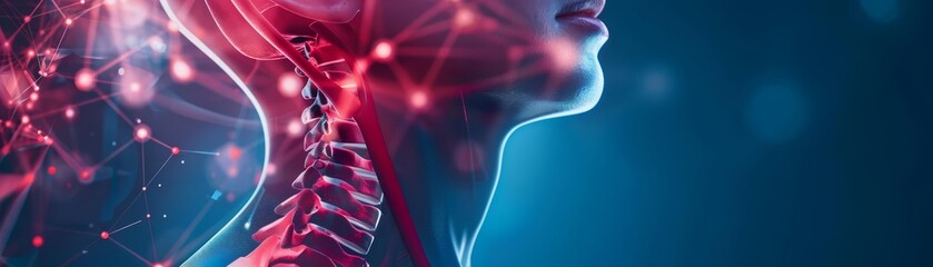 Neck pain is explored through biomechanical analysis, focusing on the cervical spine alignment and muscle tension, close up hitech concept