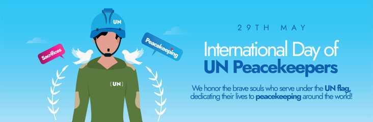 International day of UN Peacemakers. 29th May International Day of UN peacemakers tribute cover banner , post with a man wearing UN helmet, shirt, with two doves in his shoulder. Peace begins with me.