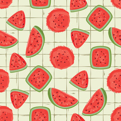 Cartoon seamless pattern with juicy watermelon on  checkered background.Summer sweet fruit of various shapes.Colorful print on fabric and paper.Vector design for cover,wallpaper,textile,packaging.