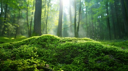 A vibrant green forest with sunlight streaming through the trees. The foreground features a lush moss-covered hill, demonstrating intricate details of the moss textures and tiny plants. Rays of sunlig - obrazy, fototapety, plakaty