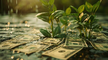 Young green plants are growing amidst a multitude of scattered US dollar bills on a reflective wet surface. The image conveys the concept of financial growth or investment. The sunlight creates a warm - Powered by Adobe