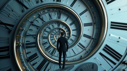 A figure in a business suit stands at the center of a surreal landscape composed of concentric rings of clocks, each descending in size and spiraling down into infinity. The setting conveys a sense of