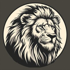 A striking image of a lion's face depicted in a detailed, monochromatic style within a circular frame, exuding power and nobility