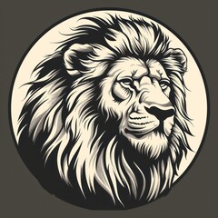 Obraz premium A striking image of a lion's face depicted in a detailed, monochromatic style within a circular frame, exuding power and nobility
