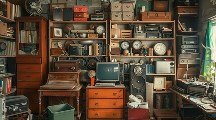 The picture displays a room filled with various objects and equipment, presumably collected over many years. Multiple shelves and pieces of furniture hold an assortment of items, including numerous vi