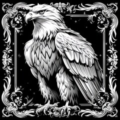 A stunningly detailed black and white illustration of a majestic eagle surrounded by an ornate floral frame