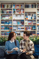 Two young adults, a male and a female, sit together in a well-stocked library, engaging in a...