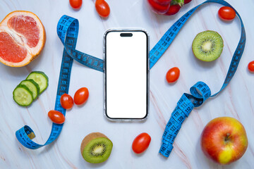 A smartphone mockup placed next to a tailor's measuring tape and an assortment of healthy fruits...