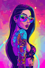 A woman with long hair and tattoos is wearing a colorful outfit and sunglasses