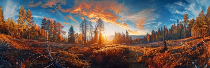 Panorama landscape of the vernal equinox awakening the forest, photography Colorful sun light high detail landscape background