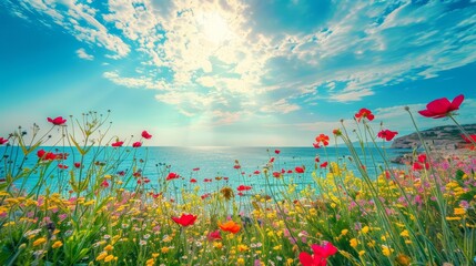 Obraz premium Panorama landscape of vibrant summer flowers along the coast, photography Colorful sun light high detail landscape background