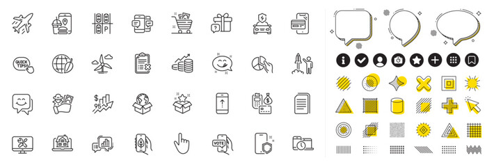 Set of Parking place, Ecology app and Rise price line icons for web app. Design elements, Social media icons. Car charging, Time management, Graph chart icons. Vector