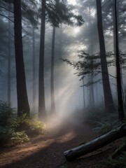 Obraz premium Mystical Misty Forest SceneSwirling Foggy Ambiance.