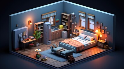 a photo wide-angle isometric bedroom view condo