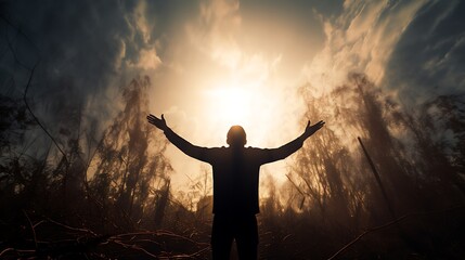 silhouette of praying person raising his hands to the sky outdoors