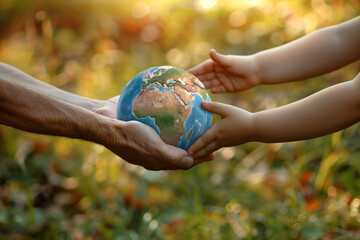 Old hands giving a Earth globe to young hands, symbolic eco gesture, education for environmental protection, human responsibility for nature conservation, Planet care and sustainable development - 800603968