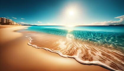 A beautiful beach with a large body of water and a bright sun in the sky