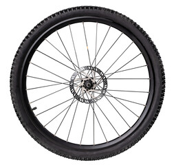 Bicycle wheel with off-road tire and brake disc on isolated background.
