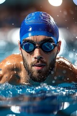 Male swimmer in a cap and water goggles. Close-up of a face in the pool during a competition. Concept: swimming and sports in water. Grunge style