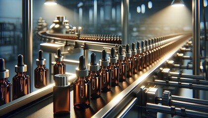 A conveyor belt with many bottles on it