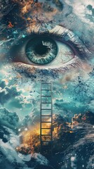 Surreal eye with cosmic and oceanic elements and a ladder