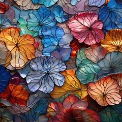 Create a seamless pattern of overlapping translucent flower petals in a stained glass style