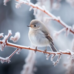 Picture of a bird sitting on a branch in the snow. Make sure the bird is in focus and the background is blurred.