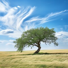 Obraz premium A large, old tree stands alone in a field of wheat