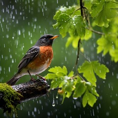 A beautiful shot of a bird sitting on a branch in the rain