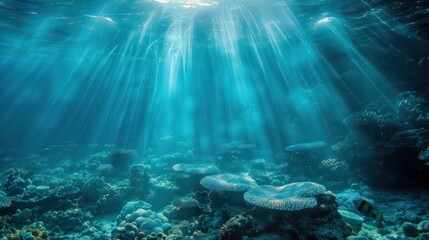 The calm of the underwater world, with serene coral formations under ethereal blue light rays