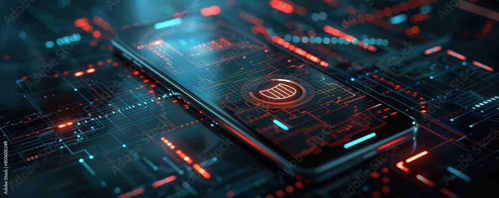 Poster Digital security concept with hologram graphs, data charts and shield on smart phone screen in a dark room.
