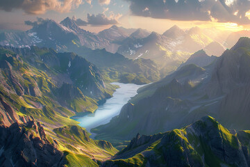 Alpine paradise majestic mountains and lakes bathed in sunset light  