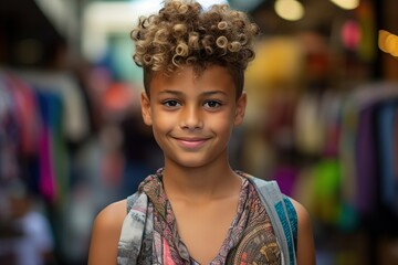 A young girl with curly hair is smiling and wearing a colorful scarf - Powered by Adobe