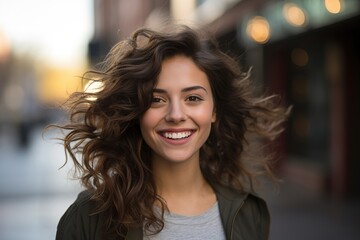 Obraz premium A woman with long brown hair is smiling and standing on a sidewalk