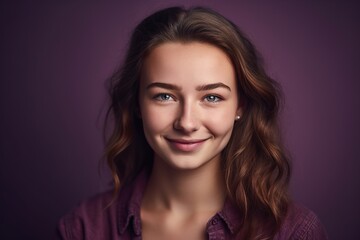 Fototapeta premium A woman with brown hair and blue eyes is smiling at the camera