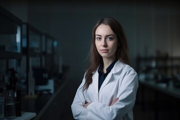 A woman in a white lab coat stands in front of a lab bench