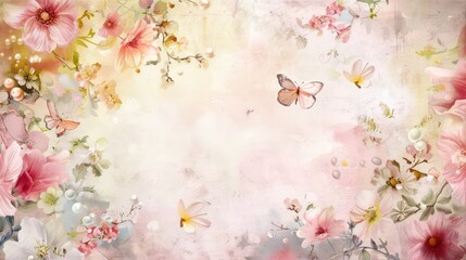 A romantic, abstract floral wallpaper design with soft colors and butterflies