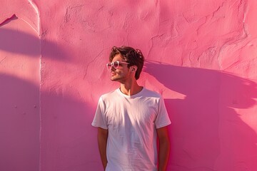 A man in a white shirt stands in front of a pink wall