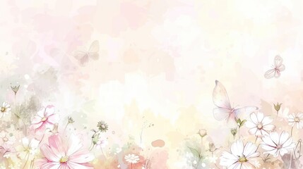 The artwork captures a delicate dance of butterflies among soft-hued flowers, suggesting the beauty of Spring's rebirth
