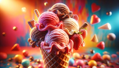 Illustration of big portion of ice cream in a cone on colorful background.