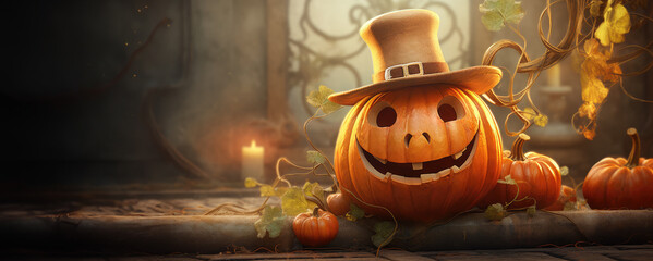 Banner of cheery jack-o-lantern sporting a top hat, surrounded by autumn leaves and fellow pumpkins, ready for Halloween festivities. Copy space for text. Greeting card.