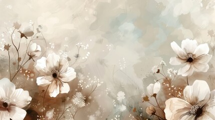 This image presents an abstract representation of white flowers against a muted brown background, symbolizing simplicity and zen-like calm