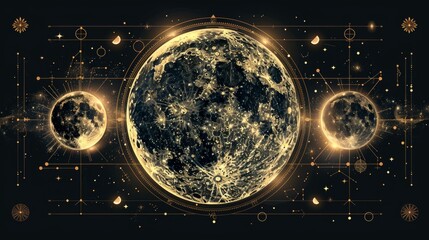 The lunar phases modern background is made up of simple line flat style illustrations. The golden astrology illustration sits on a dark background with a frame border around it. Mystic lunar activity