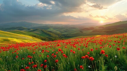 A beautiful field of red flowers with a bright sun in the sky