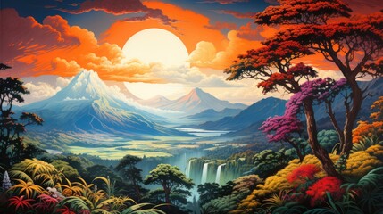 a image old world illustration with mountains on the background