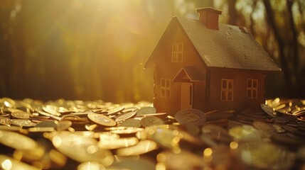 3d render money coins with miniature house model for mortgage selling concept. Generated AI image