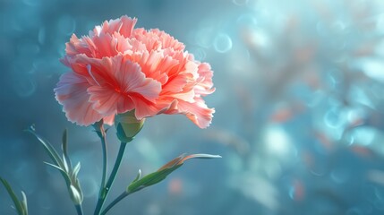 A soft pink carnation blooms gracefully, its petals translucent against an ethereal light blue bokeh backdrop