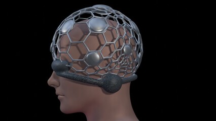 Man wearing sensory cap on head for electrical brain activity. Portable brain scan. Small MRI technology. Virtual Reality helmet. VR headset. Wearable monitoring device on head. 3d render illustration